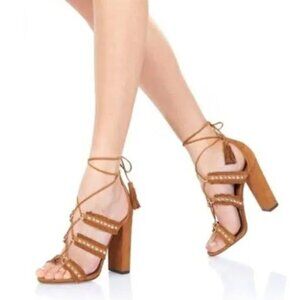 Aquazzura Studded Tan Fringe Wrap Lace Suede Heels Size 38.5